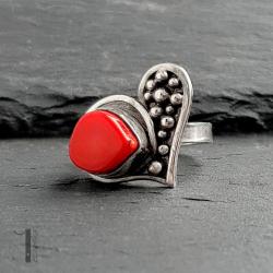 pierścionek srebrny,koral czerwony,boho - Pierścionki - Biżuteria