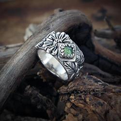 srebrny,pierścionek,z turmalinem,z kwiatami - Pierścionki - Biżuteria