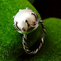 elfi pierścień z perłą,śmietankowa perła,ecru - Pierścionki - Biżuteria