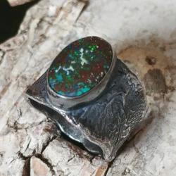 sygnet opal,srebrny z opalem,boulder,zieleń,retro - Pierścionki - Biżuteria