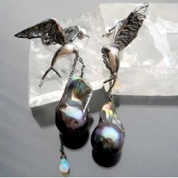 czarne perły,jaskółki,wiszące kolczyki - Kolczyki - Biżuteria