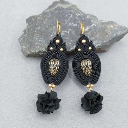 czarne kolczyki sutasz vintage z kwiatkiem - Kolczyki - Biżuteria