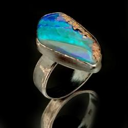 opal australijski,srebrny pierścień,surowy boulder - Pierścionki - Biżuteria