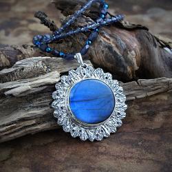 srebrny,naszyjnik,z niebieskim labradorytem - Naszyjniki - Biżuteria