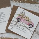 Kartki okolicznościowe kartka ślubna z różowym autem,kartka na ślub