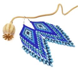 niebieskie etniczne kolczyki z frędzlami - Kolczyki - Biżuteria
