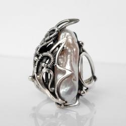 pierścionek srebrny,perła biwa,wire wrapping - Pierścionki - Biżuteria
