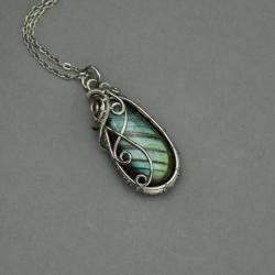 wisiorek,labradoryt,oryginalny,wire wrapping - Wisiory - Biżuteria