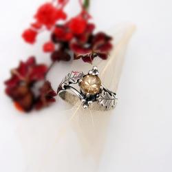 pierścionek z cytrynem leśny,listki dębu - Pierścionki - Biżuteria
