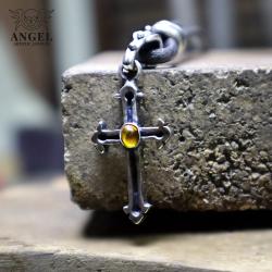 srebrny krzyż z bursztynem,surowy wisior krzyż - Wisiory - Biżuteria