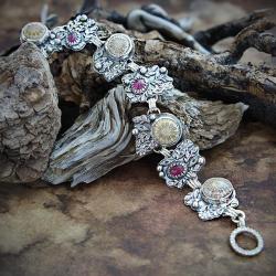 srebrna,bransoletka,z rubinem,z koralem - Bransoletki - Biżuteria