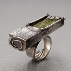 srebrny surowy pierścionek z cyjanitem zielonym - Pierścionki - Biżuteria