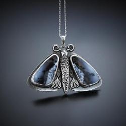 srebrny,motyl,z opalem dendrytowym, - Naszyjniki - Biżuteria