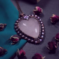 biżuteria miedziana,kwarc różowy,serce - Wisiory - Biżuteria