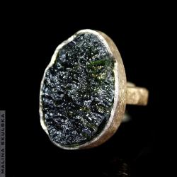 Mołdawit,pozłacany pierścień,surowy,klasyczny - Pierścionki - Biżuteria