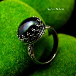 basniowy ozdobny pierścionek z czarną perłą,srebro - Pierścionki - Biżuteria