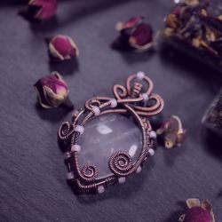 biżuteria z kwarcem różowym,romantyczna miedziana - Wisiory - Biżuteria