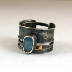 srebro złoto akwamaryn nowoczesny pierścionek - Pierścionki - Biżuteria