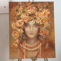 jesienny kobiecy obraz,ciepłe kolory,kwiatowy - Obrazy - Wyposażenie wnętrz