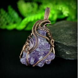 ametyst,duży wisior,wire wrapping,kryształ - Wisiory - Biżuteria