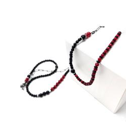 długi czerwony naszyjnik z oksydowanym srebrem - Naszyjniki - Biżuteria