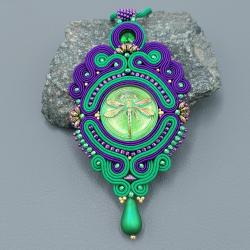 fioletowo zielony wisior z sutasz z ważką - Wisiory - Biżuteria
