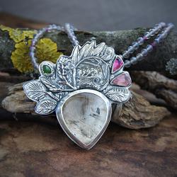 baśniowy srebrny naszyjnik z kwiatami i turmalinem - Naszyjniki - Biżuteria