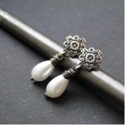 kolczyki w stylu retro,srebro,perły,sztyfty,retro - Kolczyki - Biżuteria