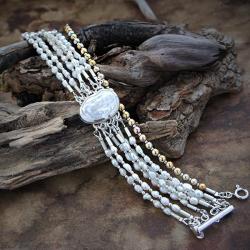 srebrna,bransoletka,z białymi perłami - Bransoletki - Biżuteria