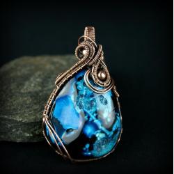 wire wrapping,miedziany naszyjnik,agat - Wisiory - Biżuteria