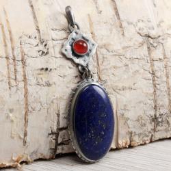 lapis lazuli i srebro,lapis lazuli wisior,granat - Wisiory - Biżuteria