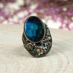 spektrolit,srebrny pierścień,niebieski pierścień - Pierścionki - Biżuteria