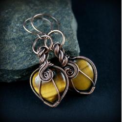 wire wrapping,wiszące kolczyki,tygrysie oko, - Kolczyki - Biżuteria