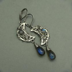 kolczyki,labradoryt,wire wrapping,księżyc - Kolczyki - Biżuteria