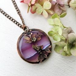 fioletowy naszyjnik,wisior z kwiatami,agat wisio - Naszyjniki - Biżuteria