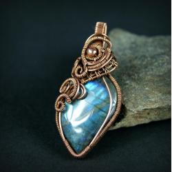 wire wrapping,miedziany,labradoryt,autorski - Wisiory - Biżuteria