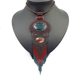 haft koralikowy,zielony naszyjnik - Naszyjniki - Biżuteria