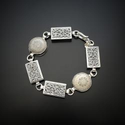 unikat,srebrna bransoleta z fossilem i ornamentem - Bransoletki - Biżuteria