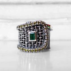 srebrny pierścień ze szmaragdem i oliwinami - Pierścionki - Biżuteria