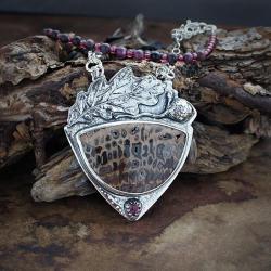 srebrny,wisior,z kamieniem,z motywem dębu - Naszyjniki - Biżuteria