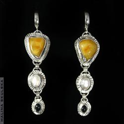 Długie kolczyki z bursztynami,perłami i opalami - Kolczyki - Biżuteria