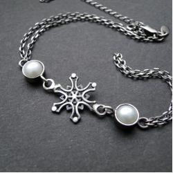 srebro,perły,śnieg,podwójna,oksydowana - Bransoletki - Biżuteria