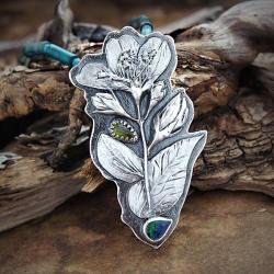 srebrny,naszyjnik,z ammolitem,z kwiatami - Naszyjniki - Biżuteria