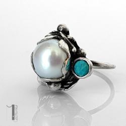 pierścionek srebrny,perła słodkowodna,turkus - Pierścionki - Biżuteria