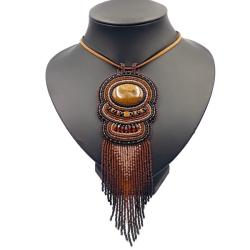 naszyjnik brązowy,haft koralikowy,z jaspisem - Naszyjniki - Biżuteria