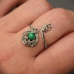 pierścionek,regulowany,wire wrapping,malachit - Pierścionki - Biżuteria