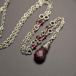 naszyjnik,delikatny,rubin,kropla,wire wrapping - Naszyjniki - Biżuteria