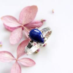 srebrny pierścionek listki,lapis lazuli - Pierścionki - Biżuteria