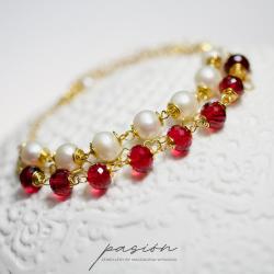 złocona bransoletka z Perłami,czerwony Kwarc - Bransoletki - Biżuteria