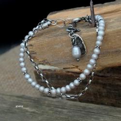 szara bransoletka z perłami,perły,pereł - Bransoletki - Biżuteria